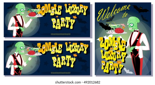 Set of banners for halloween holiday party with cute elegant zombie waiter drawing in funny cartoon retro style. Concept design poster, flyer or card. Vector illustration