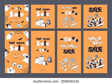 Set of banners for Halloween on an orange background. Ghosts and pumpkins with funny faces, spider webs, bats, candles, candies, shopping bags in cartoon style. Lettering about the sale.