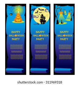 Set banners halloween party with design elements: pumpkins, spider, bats, lamps, house and moon on gradient dark blue background. Vector