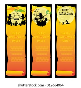 Set banners halloween party with design elements: pumpkins, spider, bats, lamps, scary black house and moon on gradient orange background. Vector