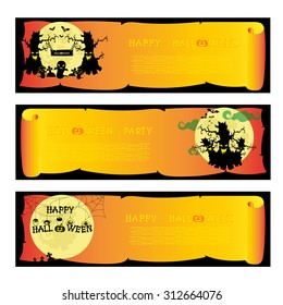 Set banners halloween party with design elements: pumpkins, spider, bats, lamps, scary black house and moon on gradient orange background. Vector