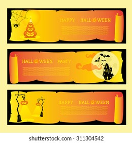 Set banners halloween party with pumpkins, spider, bats, lamps, scary house and moon. Vector