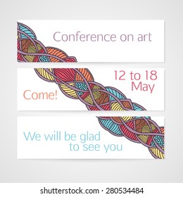 Set of banners with hand drawn abstract pattern. Advertising of conference.