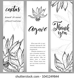 Set of banners with hand drawn agave plant, sketch style vector illustration isolated on white background. Wild floral exotic tropical plant. Black and white of agave plant