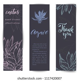 Set of banners with hand drawn agave plant, sketch style vector illustration isolated on white background. Wild floral exotic tropical plant.