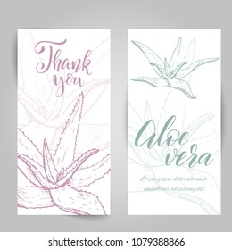 Set of banners with hand drawn Aloe Vera, sketch style vector illustration isolated on white background. Wild floral exotic tropical plant. Black and white of Aloe Vera, top view.