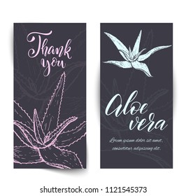 Set of banners with hand drawn Aloe Vera, sketch style vector illustration isolated on white background. Wild floral exotic tropical plant.