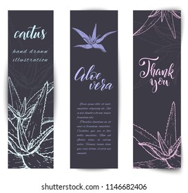 Set of banners with hand drawn Aloe Vera, sketch style vector illustration isolated on white background. Wild floral exotic tropical plant.