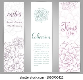 Set of banners with hand drawn Echeveria cacti, sketch style vector illustration isolated on white background. Wild floral exotic tropical plant. Black and white of Echeveria cacti, top view.