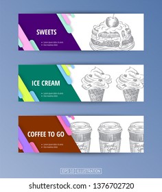 Set of banners. Hand drawn fast food. Sweets. Ice cream. Coffee to go. Engraved style. Editable masks. Template for your design works. Vector illustration.
