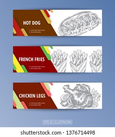 Set of banners. Hand drawn fast food. Hot dog. French fries. Chicken legs. Engraved style. Editable masks. Template for your design works. Vector illustration.