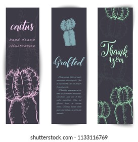 Set of banners with hand drawn grafted cactus, sketch style vector illustration isolated on white background. Wild floral exotic tropical plant.