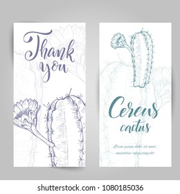 Set of banners with hand drawn Night Blooming Cereus, sketch style vector illustration isolated on white background. Wild floral exotic tropical plant. Black and white Cereus