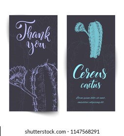 Set of banners with hand drawn Night Blooming Cereus, sketch style vector illustration isolated on white background. Wild floral exotic tropical plant.
