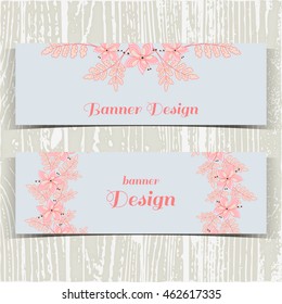 Set of banners with hand drawn pink flowers on blue background. Vector illustration.