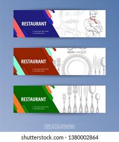 Set of banners. Hand drawn plate, fork and knife. Hand drawn chef character. Engraved style. Editable masks. Template for your design works. Vector illustration.