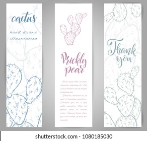 Set of banners with hand drawn prickly pear, sketch style vector illustration isolated on white background. Wild floral exotic tropical plant. Black and white of Opuntia ficus-indica