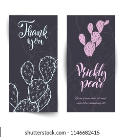 Set of banners with hand drawn prickly pear, sketch style vector illustration isolated on white background. Wild floral exotic tropical plant.