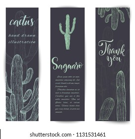 Set of banners with hand drawn saguaro cactus, sketch style vector illustration isolated on white background. Wild floral exotic tropical plant.
