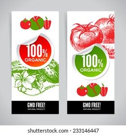 Set of banners with hand drawn sketch vegetable. Eco food backgrounds.Vector illustration