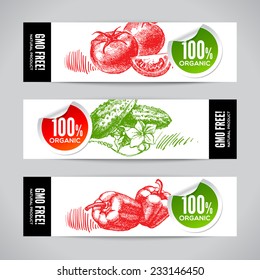 Set of banners with hand drawn sketch vegetable. Eco food backgrounds.Vector illustration