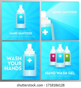 Set of banners. Hand Sanitizer gel ads. Antibacterial effect, antiseptic hand gel in bottles. Vector Illustration