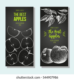 Set of banners with hand-drawn apples. Vector illustration for fruits market. Vertical flyers collection. Vintage elements for design