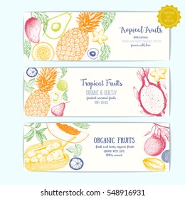 Set of banners with hand-drawn fruits. Organic food sketch. Vector illustration for fruits market. Horizontal banner collection. Vintage elements for design