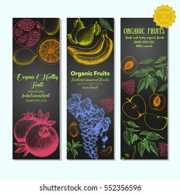 Set of banners with hand-drawn fruits. Organic food sketch. Vector illustration for fruit market. Vertical banner collection. Vintage elements for design.