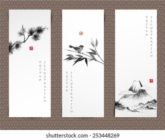 Set of banners hand-drawn in traditional Japanese style sumi-e. Vector illustration. Hand-drawn with ink. Sealed with hieroglyphs "luck' and "happiness"