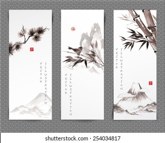 Set of banners hand-drawn in traditional Japanese style sumi-e. Vector illustration. Hand-drawn with ink. Sealed with hieroglyphs "luck' and "happiness"