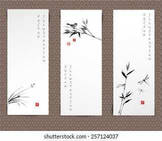 Set of banners hand-drawn in traditional Japanese style sumi-e. Vector illustration. Sealed with hieroglyphs "luck' and "happiness"