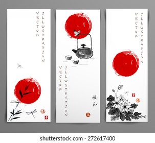 Set of banners hand-drawn in traditional Japanese style sumi-e. Vector illustration. Sealed with hieroglyphs "luck', "happiness", "well-being" and "harmony".