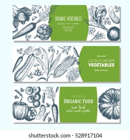 Set of banners with hand-drawn vegetables. Vector illustration for vegetables market. Vertical banner collection. Vintage elements for design