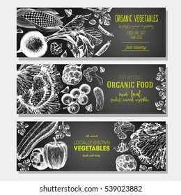 Set of banners with hand-drawn vegetables. Vector illustration for vegetables market. Vertical banner collection. Vintage elements for design.