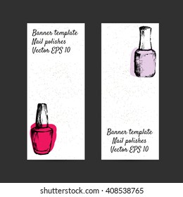 Set banners with hand-painted nail polish bottles. Isolated ink sketches with bright accents on white background. Vector design template for web, print products
