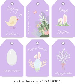 Eine Reihe von Bannern - Frohe Ostern, Tags und Aufkleber in lila Frühlingsfarben. Willow, Ei, Huhn, Kaninchen, Blumen für die Dekoration der Frühlingsferien. Flache Vektorgrafik. Cartoon-Stil