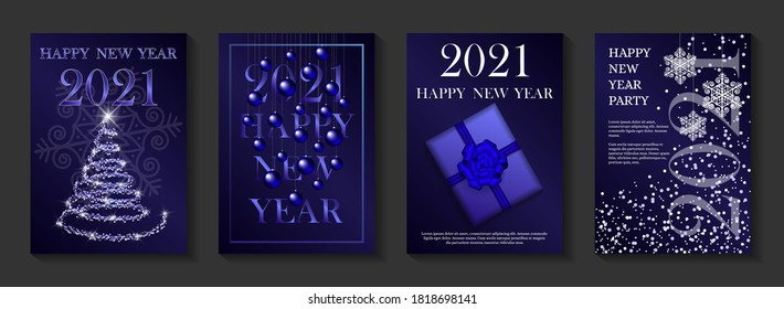 Set of banners for Happy New Year 2021. Blue and white colors. Abstract christmas tree, christmas balls, gift box and snowflakes. A4 vector illustration for invitation, greeting card, cover.
