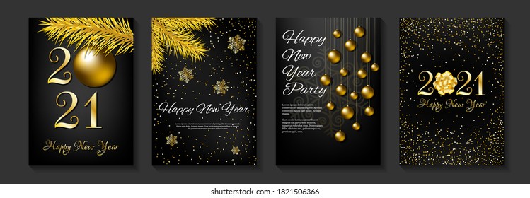 Set of banners for Happy New Year 2021. Gold and black colors. Fir branches, christmas balls, snowflakes and 2021 numbers. A4 vector illustration for invitation, greeting card, cover.