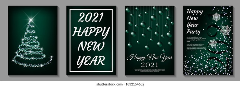 Juego de banners para Feliz Año Nuevo 2021. Árbol de navidad abstracto, bolas de navidad y copos de nieve. A4 ilustración vectorial para invitación, tarjeta de saludo, portada.