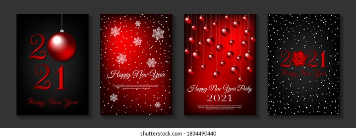 Set of banners for Happy New Year 2021. Red, black and white colors. Fir branches, christmas balls, snowflakes and 2021 numbers. A4 vector illustration for invitation, greeting card, cover.