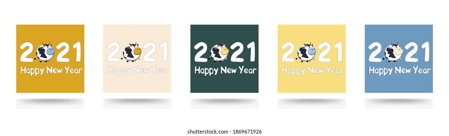 Set of banners Happy New Year 2021 vector stories background with sign and symbol of the year Bull or Ox. Trend colors Sail Champagne, Fortuna Gold, Tidewater Green. Vision vertical illustration is