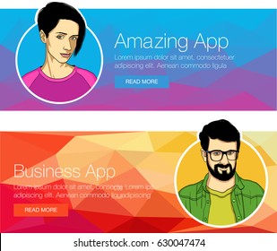 Set of banners for header or footer. Man and woman talking about courses, training, application. Vector illustration of abstract background