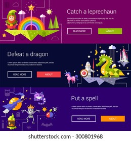 Set of banners, headers, illustrations  with fairy tales flat design magic vector icons and elements