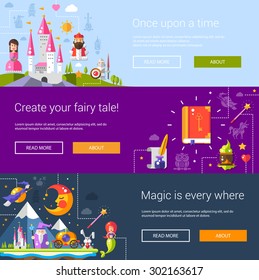 Set of banners, headers, illustrations  with fairy tales flat design magic vector icons and elements