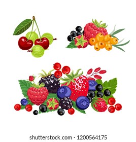 	
Set of banners with heaps of berries on a white background. Gooseberry, cherry, sea buckthorn, raspberry, currant, blueberry,  blackberry, barberry. Vector illustration in cartoon flat style.