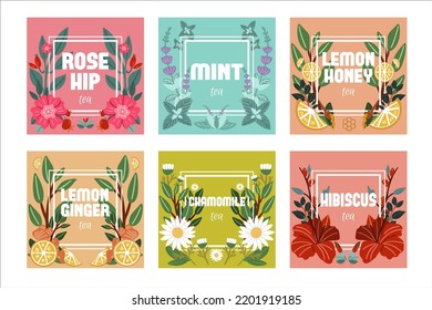 The set banners of herbal tea for packing. Herbs in frames. Treatment tea.