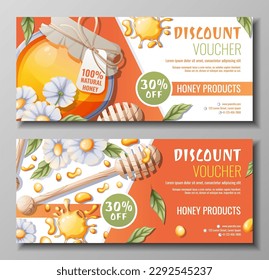 Set of banners with honey products. Discount coupon for honey shop. Honey jar, bees, wooden spoon. Natural useful products. Sweet dessert.Vector illustration