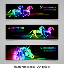 Set of banners with horses in multicolored flame