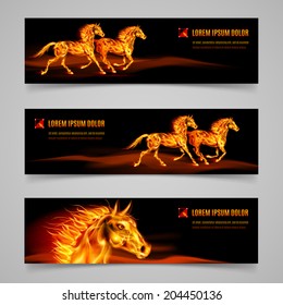 Set of banners with horses in orange flame